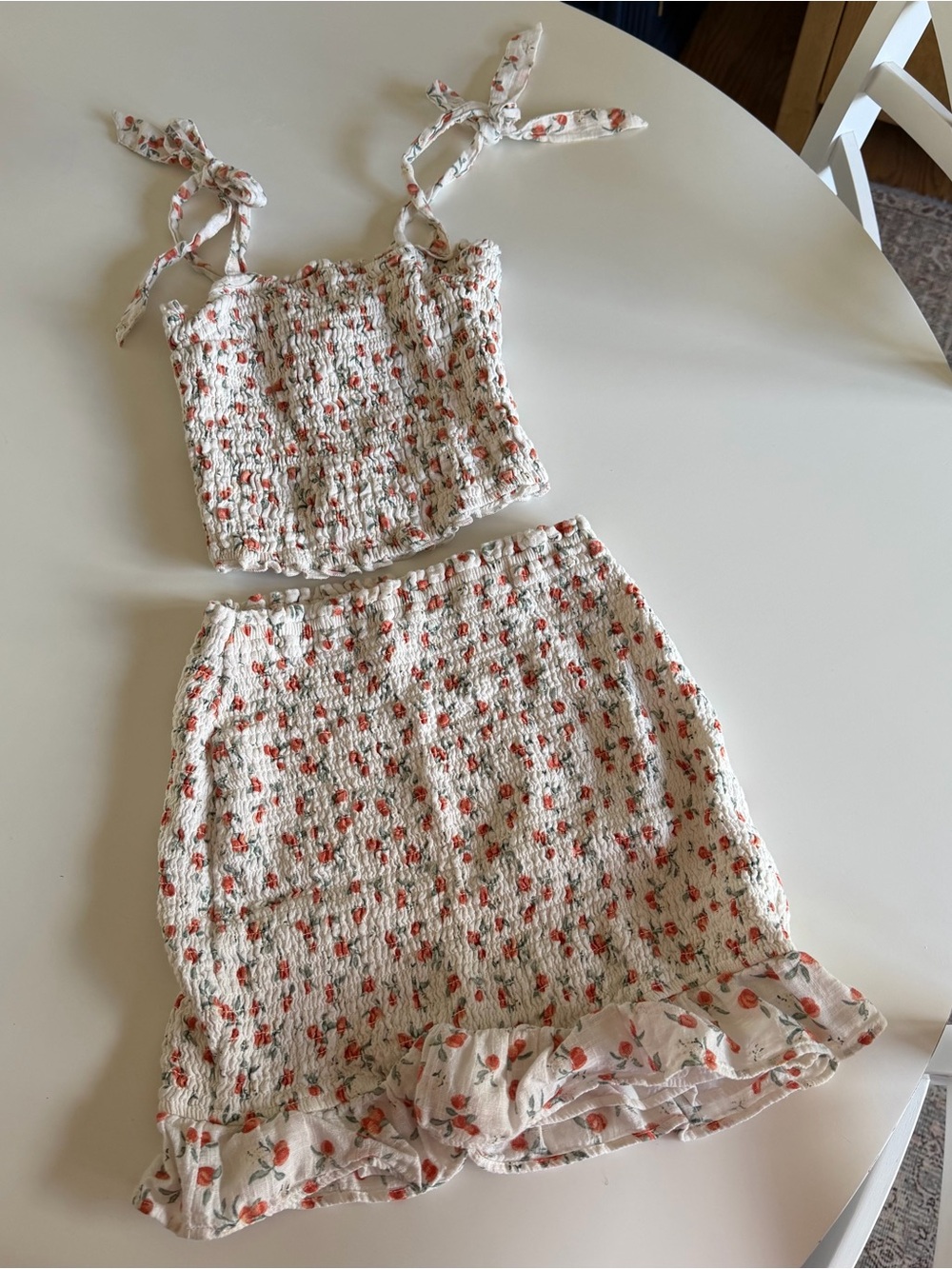 Abercrombie & Fitch Cream Floral Smocked Tank and Ruffle Hem Skirt Set